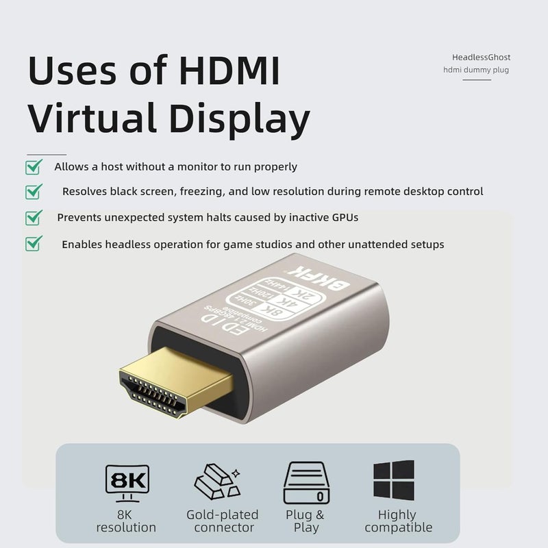 BKFK 4K 120 HDMI 2.1-Compatible Dummy Plug 8K@30Hz 2k@120/144Hz, Virtual Display Emulator Adapter, Plug & Play for Headless GPU, Remote Desktop, Game Streaming, Servers, Cost-Effective & Eco-Friendly - Image 3